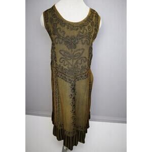 Rainbow Olive Green Embroidered Boho Drop Waist Dress – One Size